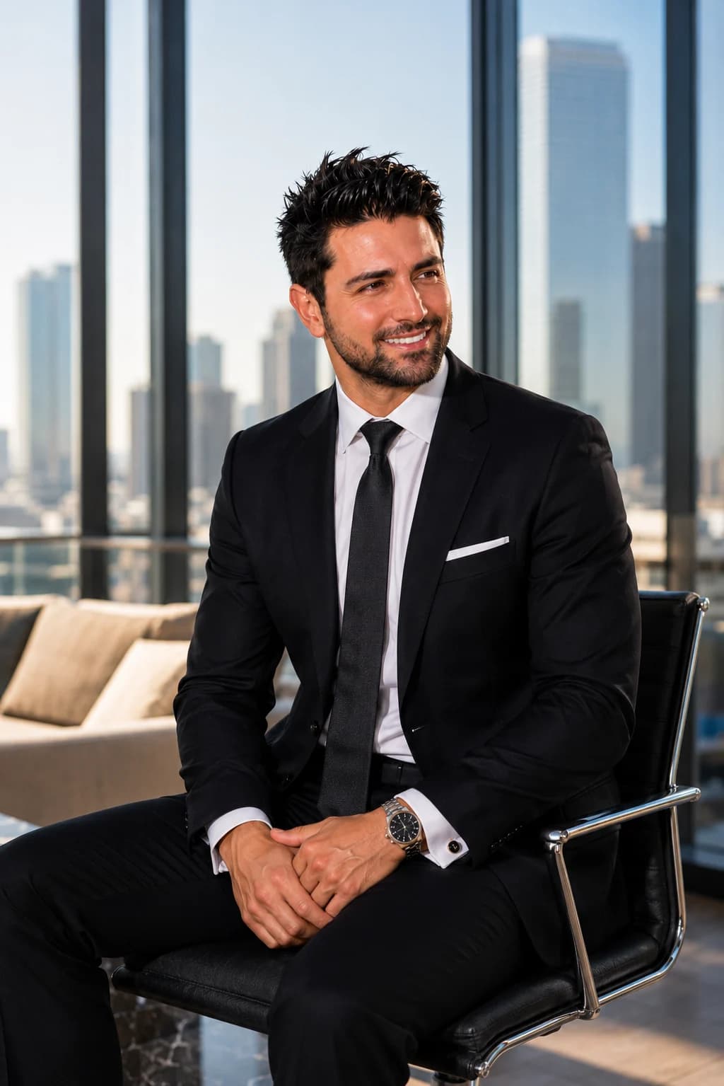 Anthony Basaran seated in a black suit in a modern high-rise office
